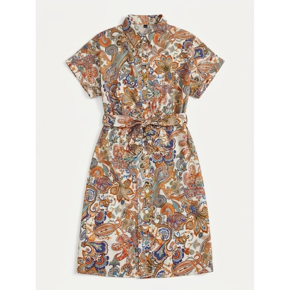 SHEIN Curve Women 1XL Paisley Print Shirt Dress Short Sleeve Button Front Midi